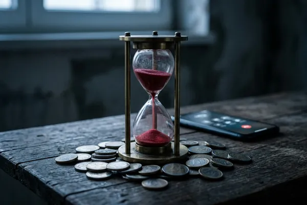 Sablier au sable rouge s'écoulant rapidement, pièces d'euros accumulées, métaphore du compteur audiotel anxiogène