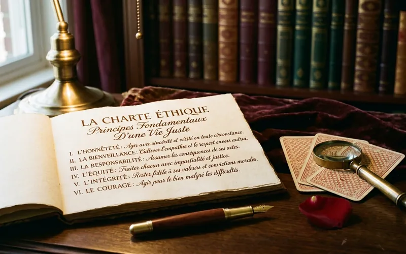 Livre ouvert manuscrit avec plume d'or, loupe et cartes de tarot face cachée sur bureau de bois, ambiance de contemplation éthique