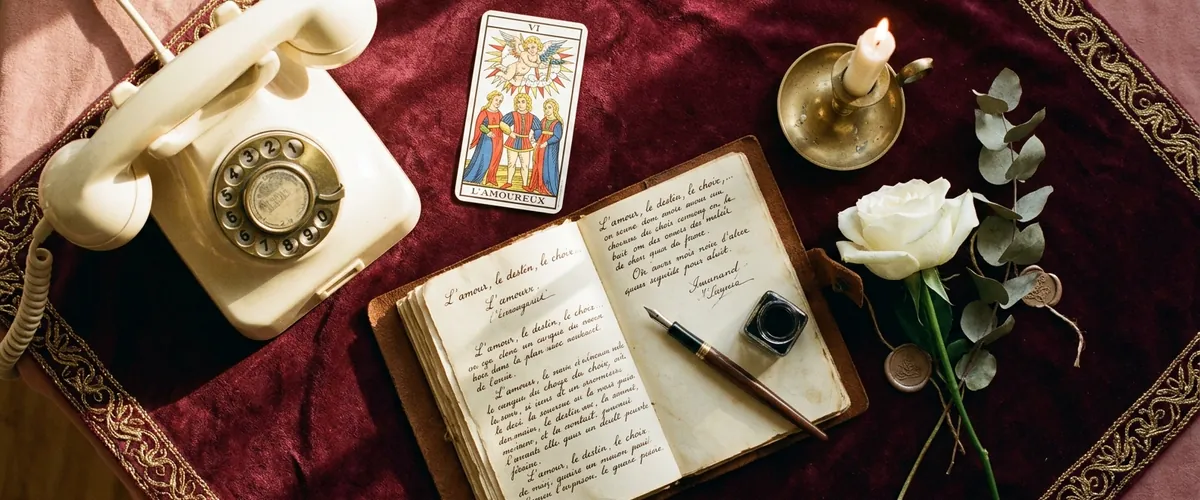 Téléphone vintage crème, carte de tarot L'Amoureux, journal de consultation cartomancienne ouvert et rose blanche sur velours bordeaux