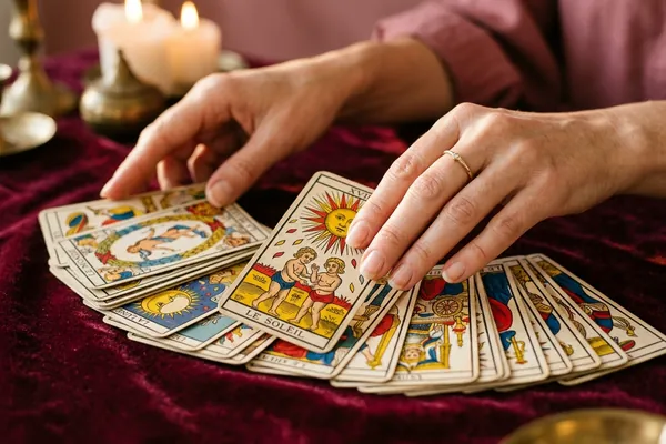 Mains expérimentées de cartomancienne étalant un jeu de Tarot de Marseille en éventail sur velours bordeaux, gros plan rituel