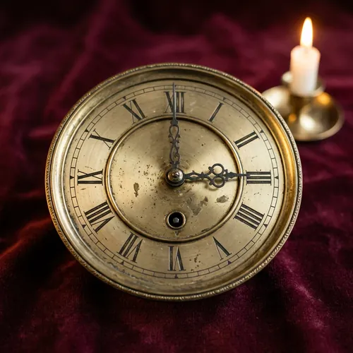Cadran de pendule en laiton ancien sur velours bordeaux, bougie en arrière-plan, métaphore du temps respecté