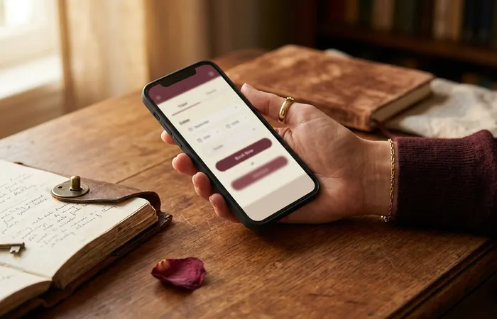 Main de cartomancienne tenant un smartphone affichant une interface de réservation élégante sur bureau de bois ancien