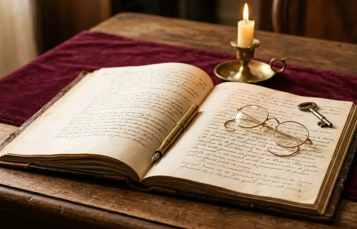 Livre comptable ancien ouvert avec écriture calligraphiée à la plume, lunettes vintage et bougie symbolisant la transparence tarifaire
