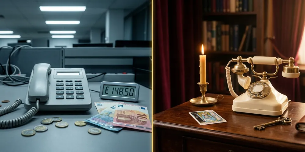 Comparatif visuel : téléphone d'audiotel impersonnel et froid à gauche, téléphone vintage chaleureux et cartomancie professionnelle à droite